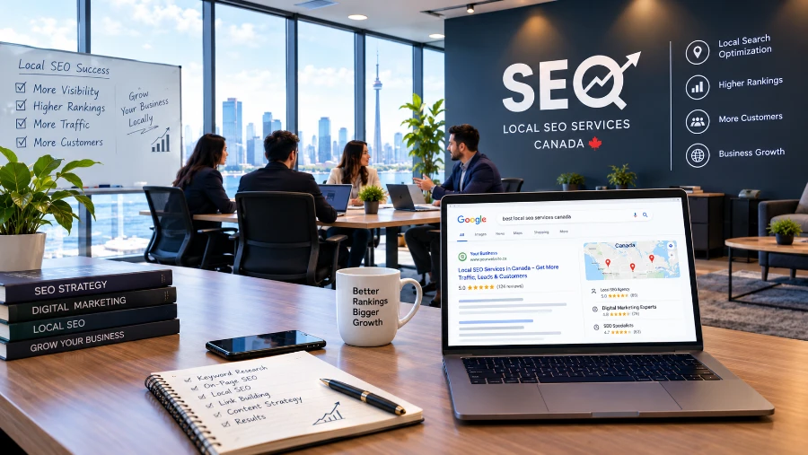 SEO team planning a local search campaign around a laptop showing Google results