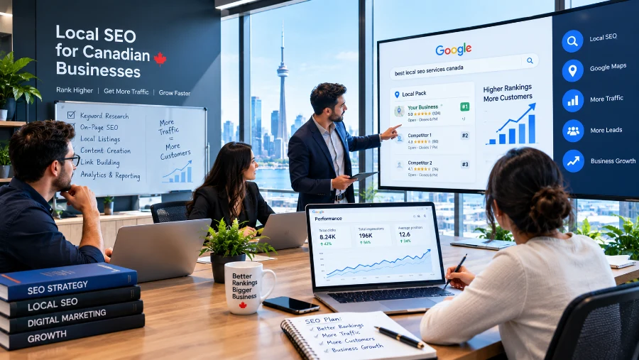 SEO team presenting a local search strategy with Google results on screen
