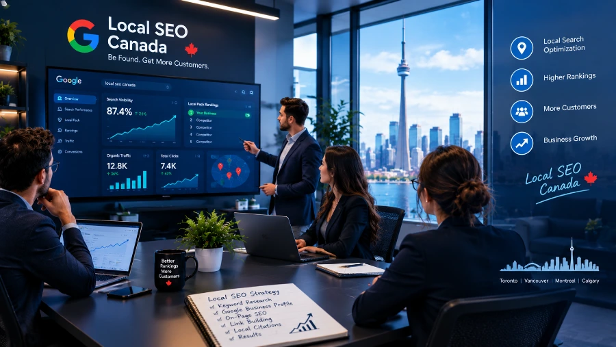 SEO strategist presenting local search results and analytics to a team