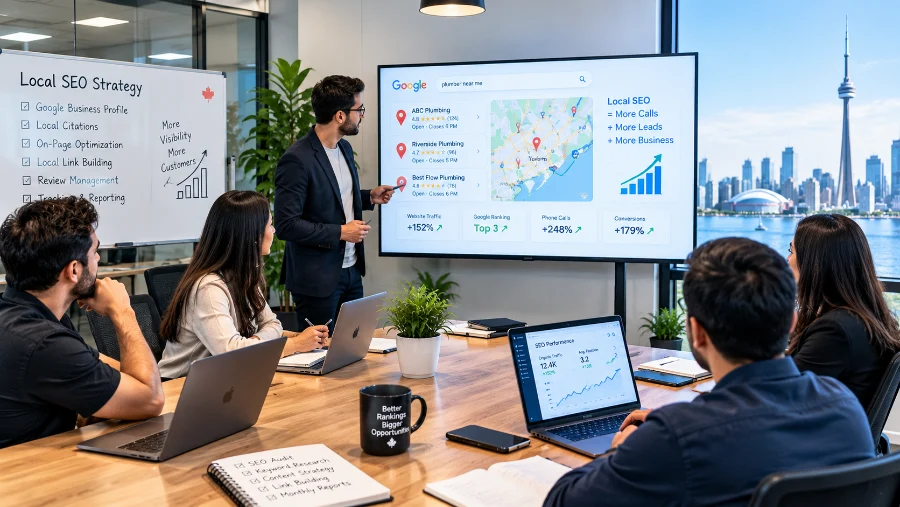 Team reviewing a local SEO strategy with Google Maps results on screen