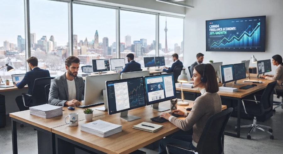 SEO team working at desks with analytics dashboards on screen