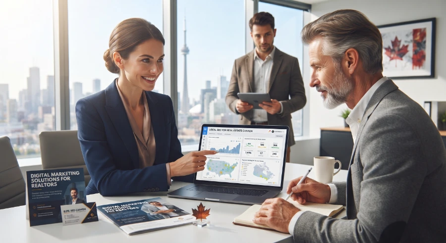 SEO consultant reviewing local search data with business owners