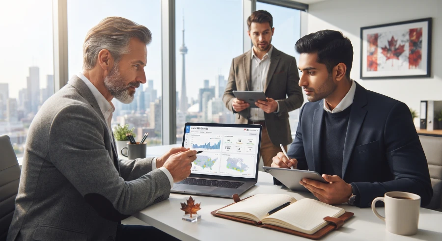 SEO consultants reviewing website data with a business owner