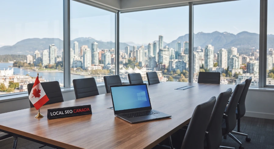 Boardroom overlooking Vancouver with a Local SEO Canada desk sign