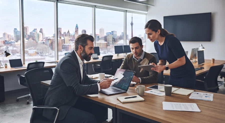 SEO specialists reviewing organic traffic and keyword data on a laptop
