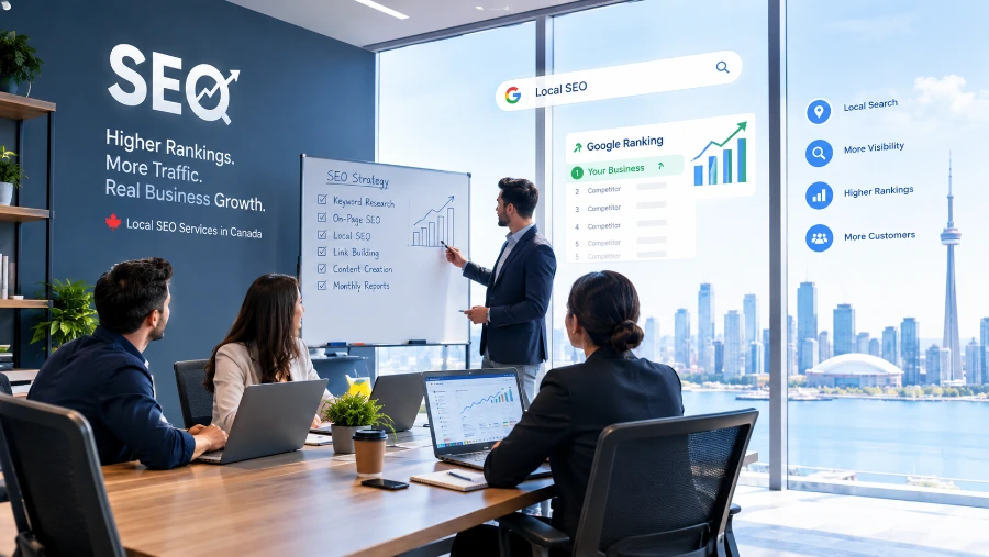 Local SEO strategy presentation for Canadian businesses with the Toronto skyline